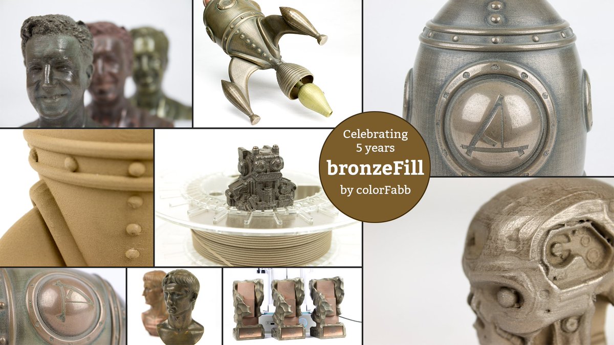 ColorFabb's tweet photo. Happy Birthday, #bronzeFill! Five years ago we announced our special #3Dprinting filament, a unique combination of PLA/PHA and actual bronze. We have collected some stunning examples in today's blog and offer 15% #discount on all bronzeFill this weekend!

https://t.co/rfLxRvvEFe https://t.co/gXYihh6UtV