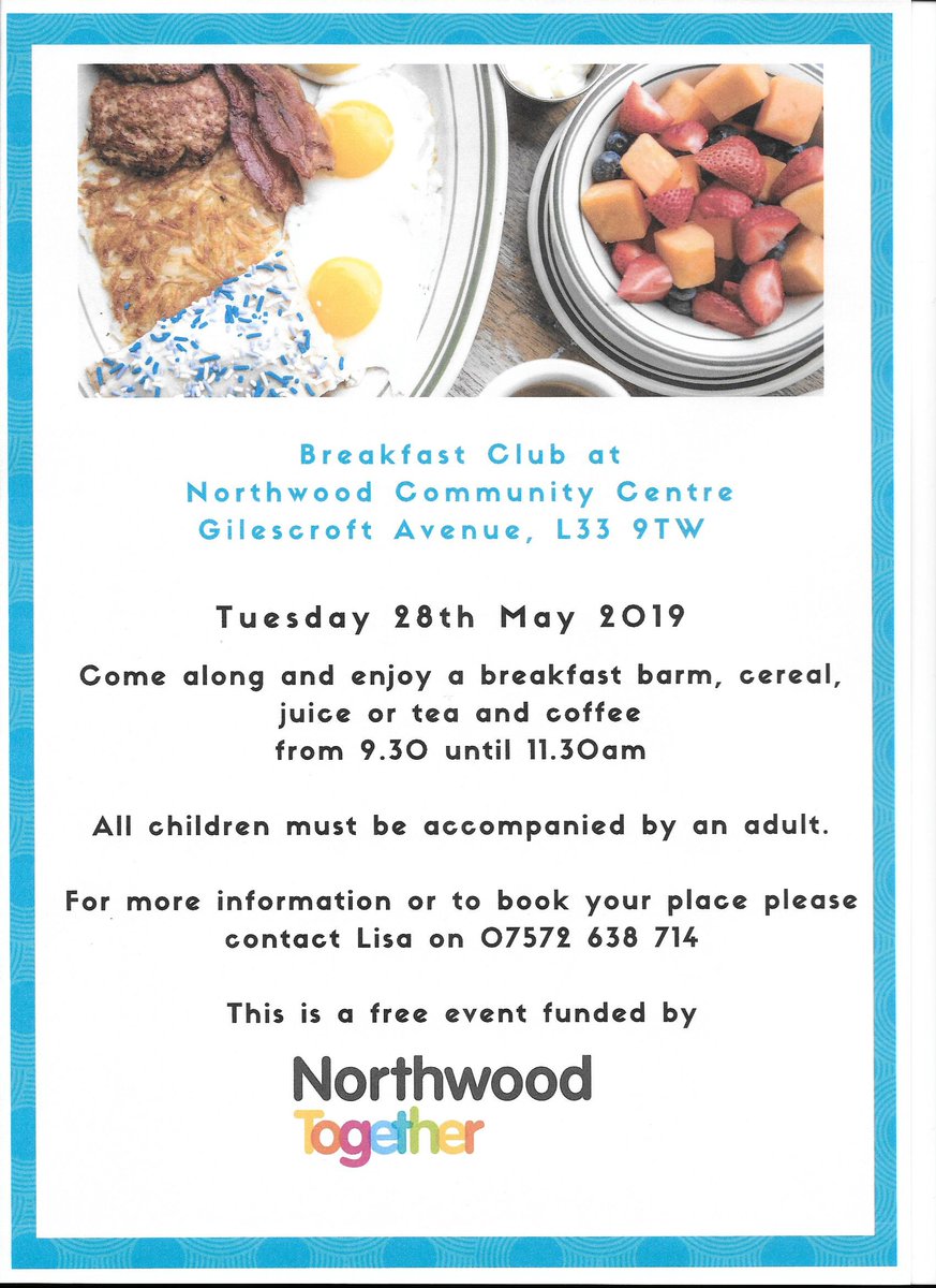Why not come along to our breakfast club on Tuesday 28th May 2019 at Northwood Community Centre.  Children are welcome but must be accompanied by an adult. <a href="/NorthwoodCPS/">Northwood Community Primary School</a> @knowsley_ccs <a href="/StMariesKirkby/">St Marie's Catholic Primary Kirkby</a> <a href="/HSKnowsley/">Home-Start Knowsley</a> <a href="/KnowsleyCouncil/">Knowsley Council</a> <a href="/tasc_cic/">TASC CIC</a> <a href="/BridgeItKirkby/">Bridge-It Knowsley</a> <a href="/BigLocalNwood/">Big Local Northwood</a>