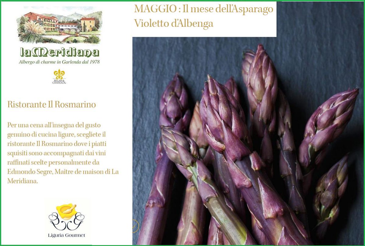 CCIAARIVLIG's tweet photo. @RelaisMeridiana ristorante Rosmarino con marchio #liguriagourmet
ama valorizzare il territorio ed i suoi prodotti  come l' #asparagoviolettodalbenga lo trovi nel loro MENU x tutto il mese di maggio  
Scopri anche le ricette e i suggerimenti dello chef https://t.co/P752bgfTpr https://t.co/tIFsySYzHu
