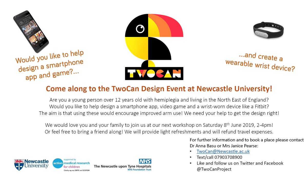 TwoCanProject's tweet image. Teachers, SENCO's &amp;amp; TA's we need your help! We would like to invite you to a Design Event @UniofNewcastle to help us design a wrist-worn device &amp;amp; an #app for a therapy intervention for teenagers with #hemiplegia. For more information visit tiny.cc/3wsu6y @sencochat