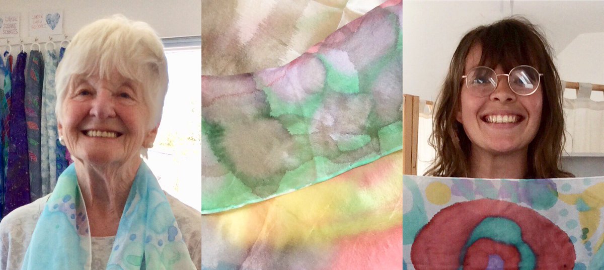 ArtScillyWeek's tweet image. Three lovely workshop scarves and a couple of brilliant artists. All novice silk painters! #silk #scilly #uk