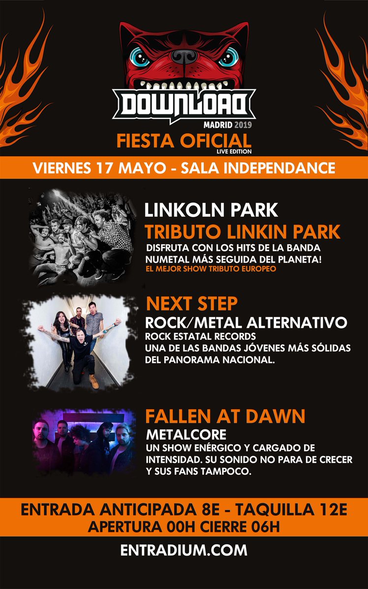 ESTA NOCHE fiesta oficial <a href="/DownloadFestMad/">Download Madrid</a> 
<a href="/FallenAtDawn/">🥀 𝑭𝑨𝑳𝑳𝑬𝑵 𝑨𝑻 𝑫𝑨𝑾𝑵 🥀</a> + <a href="/NextStepRock/">Next Step</a> + CONCIERTO TRIBUTO #LinkinPark 
Últimas entradas + camiseta #DownloadFestMadrid sólo 8€ ➡️ tinyurl.com/downloadparty1…