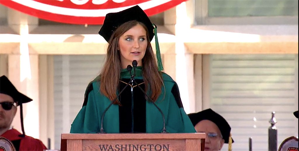 Medical student Alexandra Keane takes the lectern as the #WashU19 graduate student speaker: “Walking through the medical campus, I passed by the patient rooms where we saw beyond disease to the resilience of the human spirit..."