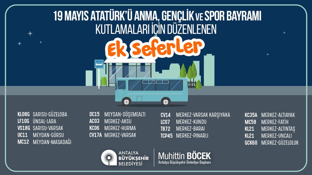 Sevgili Antalyalılar,

19 Mayıs Atatürk'ü Anma, Gençlik ve Spor Bayramı kutlamaları kapsamında 19 Mayıs 2019 Pazar günü saat: 22.30'da Cumhuriyet Meydanı’nda gerçekleştirilecek olan Şebnem Ferah konseri sonrası için düzenlenen ek ulaşım seferleri 🚍

Bilgilerinize Sunarız 👇