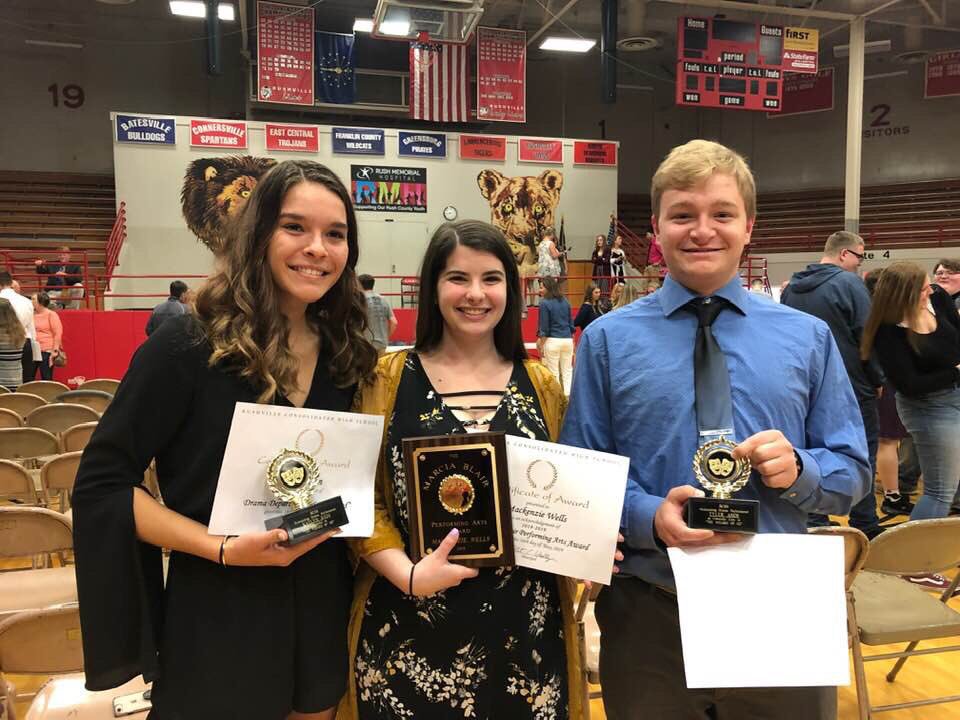 TheaterRchs's tweet photo. Leo award winners Katlyn Keim and Tyler Amos with Marcia Blair Award winner Mackenzie Wells at yesterday’s RCHS awards program. #bestperformanceinamusical #therearenosmallpartsonlysmallactors https://t.co/AQCg6Rj2t5