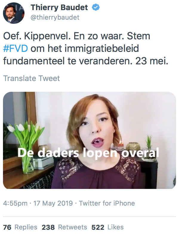 wltrrr's tweet photo. Dutch white supremacist Thierry Baudet posts a clip of the German Identitarian movement, with anti-immigration as the main issue. Just one week before #EP2017 his far right party Forum voor Democratie is leading in the polls. #Netherlands https://t.co/TuF1jXBequ