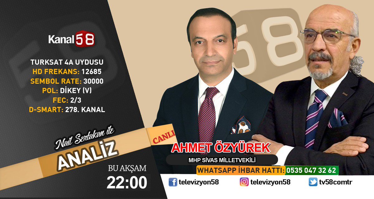 Bu Akşam Saat:22.00’de Anadolu'nun Güçlü Ekranı @tv58comtr 'de  Program Yapımcısı Nail SERTAKAN'IN sunumuyla yapılacak olan Nail SERTAKAN ile ANALİZ  Programına konuk olacağım. Ülke ve Sivas gündemine dair son gelişmeleri değerlendireceğim.Beklerim.İyi Seyirler...