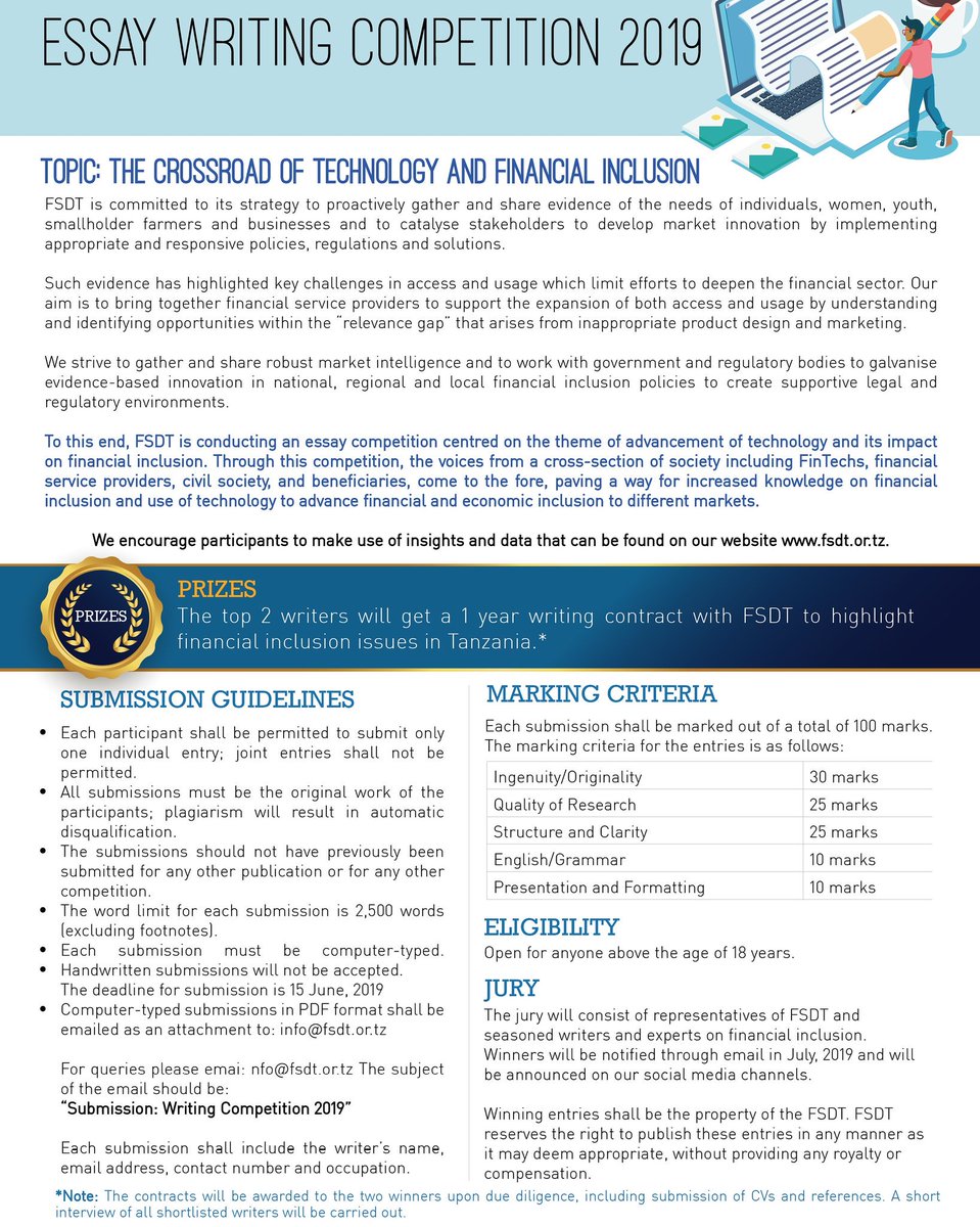 FSDTanzania's tweet photo. Are you a writer? Get a 1-year writing contract with FSDT to highlight financial inclusion issues in Tanzania by participating in our essay competition. Read more details on the advert attached. #financialinclusion #fintech #writing #essaycompetition #ourcontinentourstories https://t.co/LJaosAw9tZ