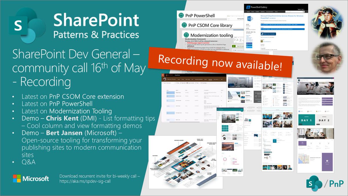 vesajuvonen's tweet photo. Recording of the latest #SharePoint dev general community call from the 16th of May. Latest updates on open-source projects and cool demos by @theChrisKent and @O365Bert on column formatting and publishing site modernization https://t.co/Q2GZpXppMT #Office365dev https://t.co/gbUtvbGmt5