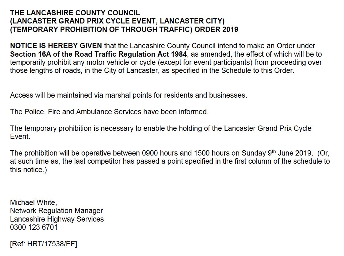 LancasterGPrix's tweet photo. Safety First - road closure order and route for the #LancasterGP - #Abbeystead #Dolphinholme > https://t.co/m2m6T5awl8
