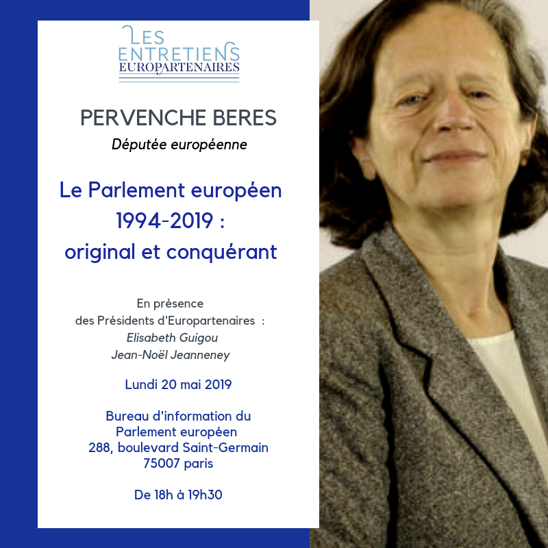 🇪🇺  Les Entretiens d'Europartenaires J-3 🇪🇺 
"Le Parlement européen 1994-2019 : original et conquérant " avec Pervenche Berès ⭐️ 
❗️Lundi 20 mai 18H-19H30
📍 Bureau d'information du Parlement Européen <a href="/PE_FRANCE/">Parlement européen (compte archivé)</a> 
➡️ Inscription : urlz.fr/9F3q 
#EP2019