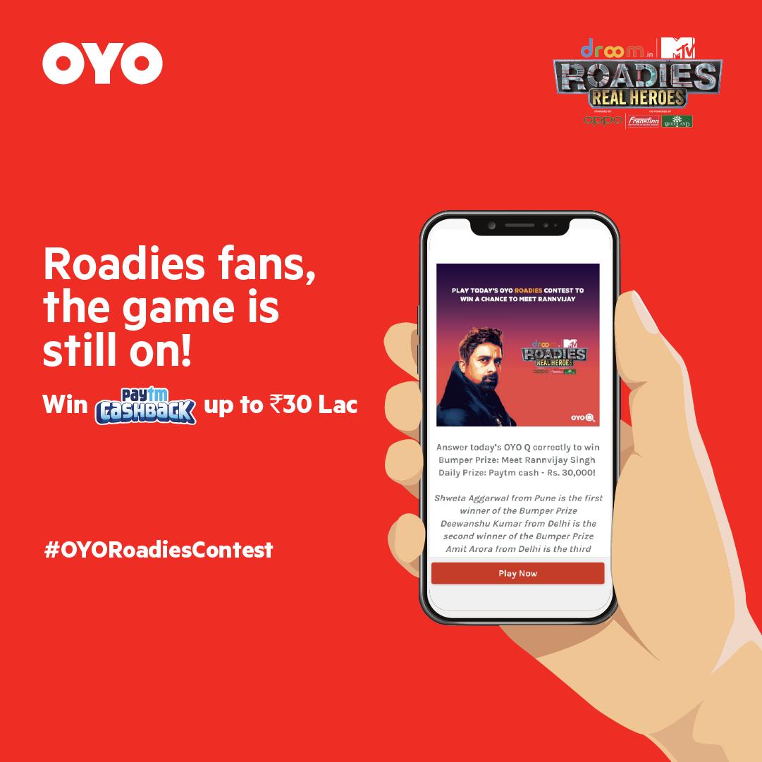 oyorooms's tweet photo. The stakes are now higher than ever to being called a 'True Roadies Fan'. Get a chance to win Paytm cashback up to ₹ 30 lac when you play the #OYORoadiesContest. Head to the #OYO App and start playing now. https://t.co/B4UTLvet2k
#OYOtravels #RoadiesRealHeroes #RoadiesSeason16 https://t.co/2XIZ1onqFW