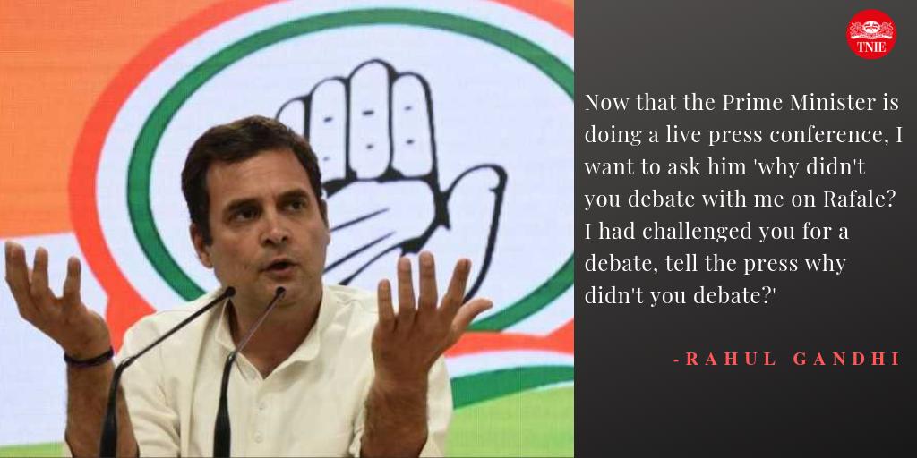 NewIndianXpress's tweet photo. Mocking PM #NarendraModi for holding a press conference days before the #LokSabhaElections2019 results, @RahulGandhi asked why the prime minister did not accept his challenge for a debate on the #RafaleIssue.
Read here: https://t.co/gZi1ONj4eD https://t.co/9AkLqpRyIe