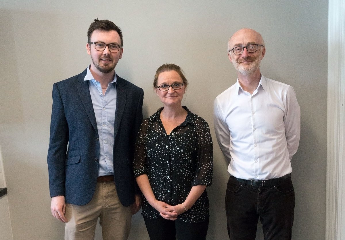 ICCHSNewcastle's tweet photo. Dr Brian Moss pictured here with external examiner @jenkidd and internal examiner Andrew Newman (left pic), and two proud supervisors @aretaki and @aronmazel (right pic). Well done again Brian! https://t.co/7gFk7wobFX