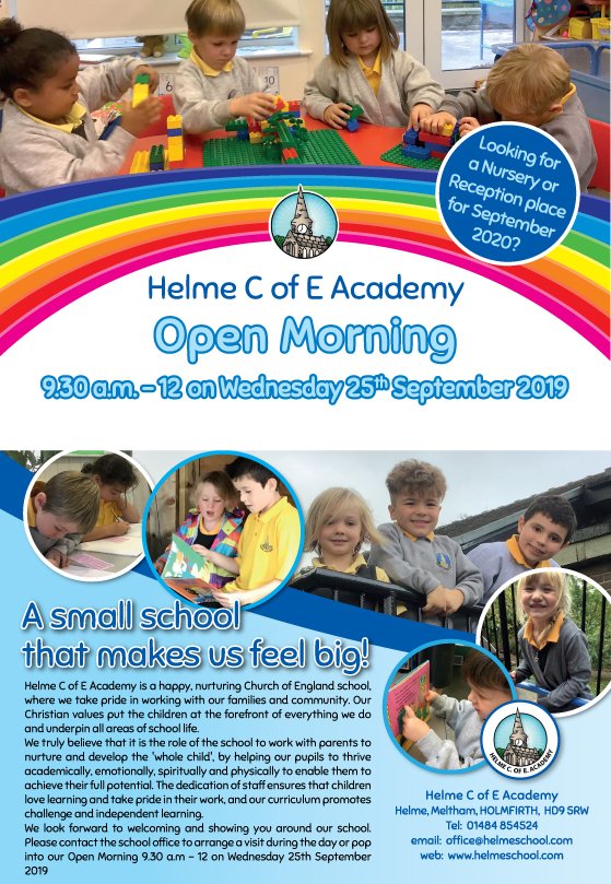 HelmeSchool's tweet image. We are having an Open Morning for prospective parents and starters who would like to come and look around our lovely school. Please contact us if you would like to see what we are all about! @FriendsofHelme @meltham_ComPSch @melthamparish @AroundMeltham @HonleyHighUK @HonleyShow