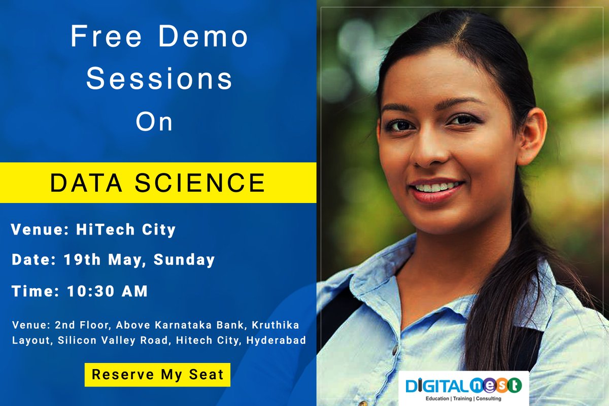 DigitalNestHyd's tweet image. Reserve your seat for a Free Demo Session on Data Science.

Book Your Seat Now: bit.ly/2DYPofC

Save the Date: 19th May, Sunday, 2019

Venue: HiTech City

Time: 10:30 AM

#DataScience #DataScientist #DataScienceDemo #DigitalNest #Hyderabad #DataScientists