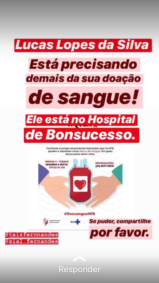 priscilahaddad_'s tweet photo. Doação de sangue em nome de Lucas Lopes da Silva
Hospital geral de bonsucesso.
De segunda a sexta, das 7h30 às 12h00
Av. Londres ,616 bonsucesso
Quem puder dar rt, o Lucas tem apenas 14 anos e está em estado grave!
#doesangue #doevidas #rt https://t.co/EwcbSYjYRF