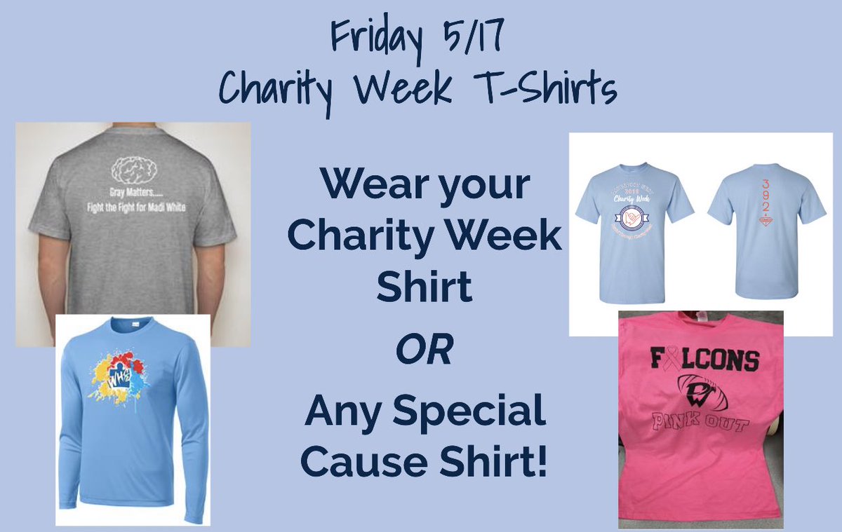whssenate's tweet photo. Hey West! Don’t forget to wear your charity week t-shirt today. You can also wear any special cause t-shirt! It’s the last day of spirit week, make sure you show your school spirit! 🔴⚪️ #SurfinThruCharityWeek #FalconSpirit https://t.co/MoKvIdZmLK
