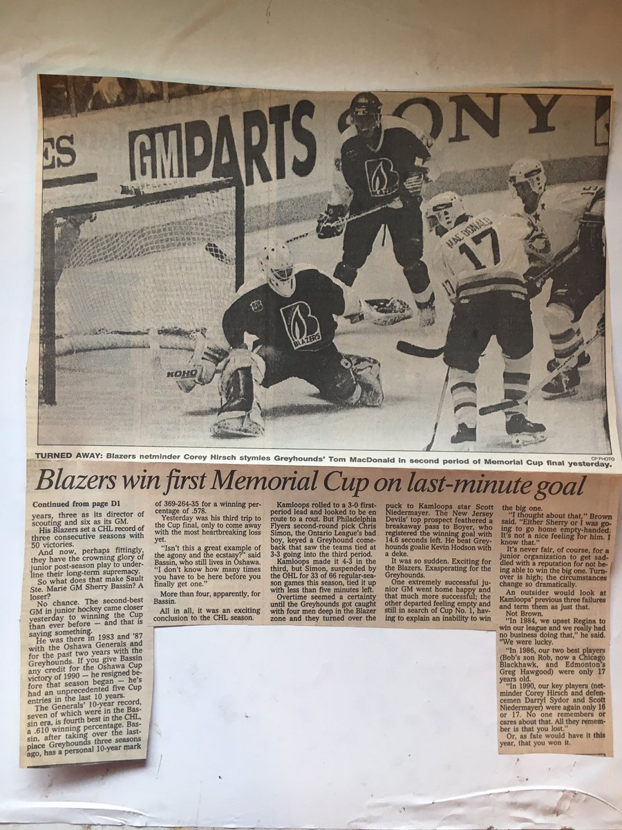 OTD in <a href="/OHLHoundPower/">X - Soo Greyhounds</a> History, May 17,1992, the Hounds lose the Memorial Cup 🏆in devestating fashion with 14.6 seconds left to <a href="/blazerhockey/">Kamloops Blazers</a> in Seattle 5-4. Colin Miller,Chris Simon 2goals each <a href="/RIntranuovo/">Ralph Intranuovo</a> 2A <a href="/OHL_History/">OHL History</a> @bobbywmurray <a href="/MarkMatier2/">Mark Matier</a> <a href="/JasonDenomme/">Jason Denomme</a> <a href="/olympicedge17/">Tony Iob</a>