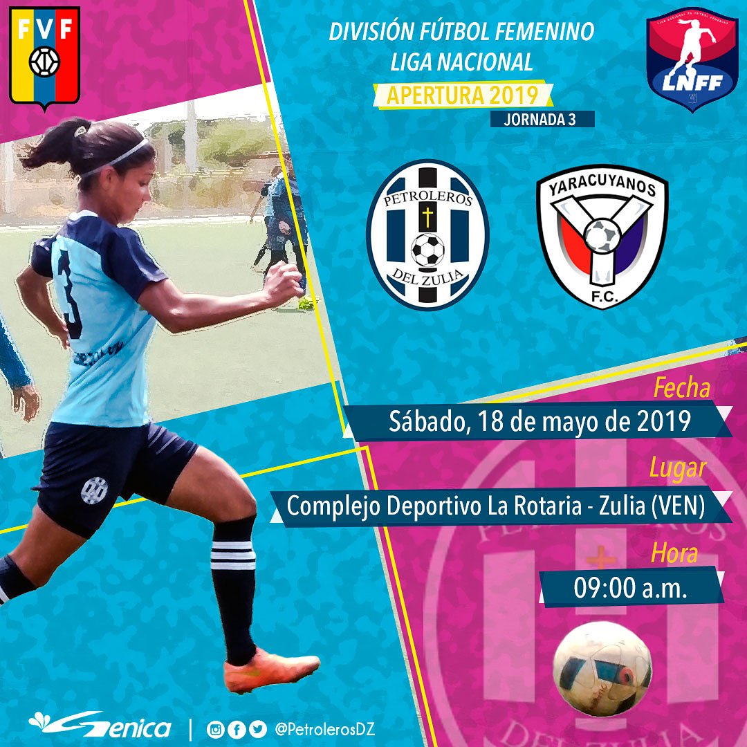 #Femenino | Preparadas para nuestro debut en la #LigaNacional 👊💥🔝
•
•
Jornada 3
🆚 <a href="/FCYaracuyanos/">Yaracuyanos Fútbol Club</a> 
📆 Sábado, 18 de mayo
🕐 9:00 a.m.
📍Complejo Deportivo La Rotaria
•
•
¡VAMOS CON TODO! 💪
#PetrolerosDZ #Apertura2019 #VamosPorMas