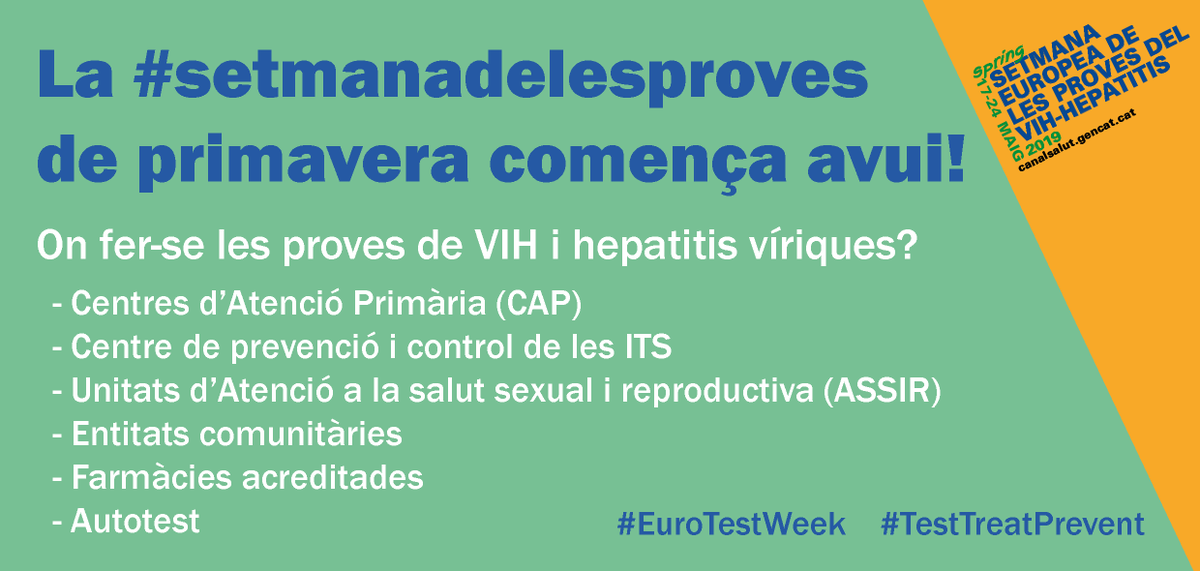 📢 Avui comença la setmana europea de les proves de #VIH i #hepatitis víriques! Podeu sol·licitar les proves al vostre metge de capçalera o a qualsevol dels centres que les ofereixen
Per a més informació: bit.ly/2usffaW
#EuroTestWeek #TestTreatPrevent