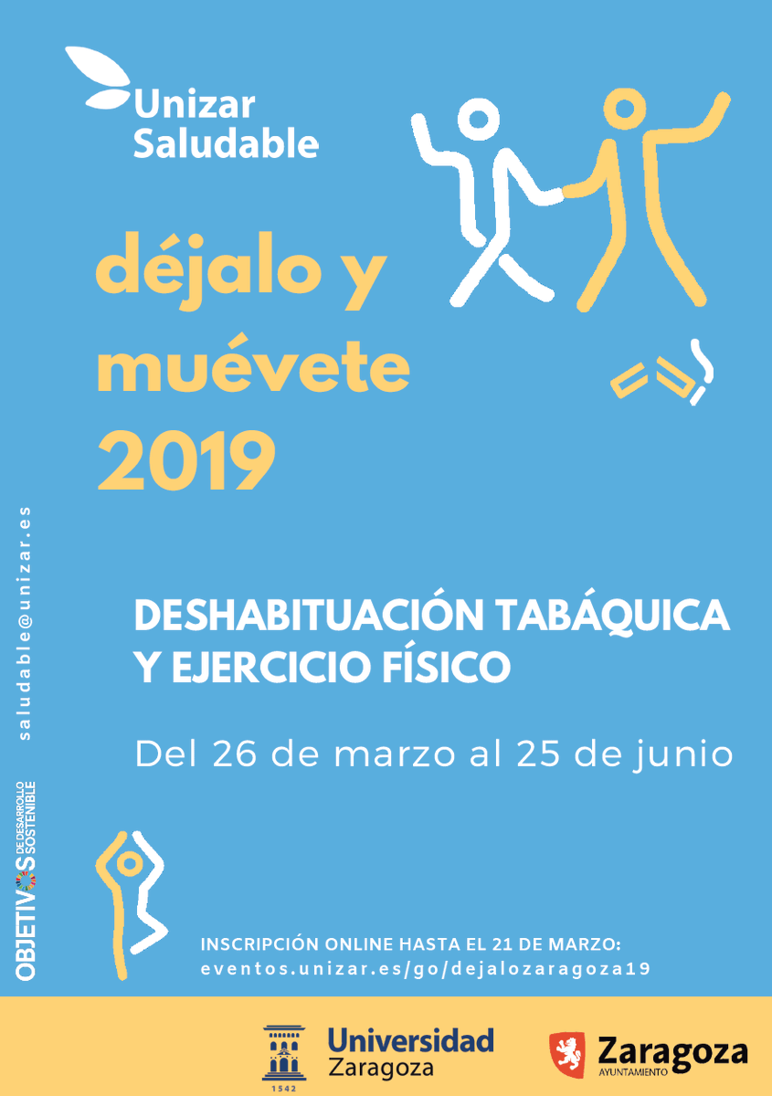 ¿Conoces el programa “Déjalo y Corre" del <a href="/zaragoza_es/">AyuntamientoZaragoza</a> y <a href="/unizar/">Universidad Zaragoza</a>? 🤓🤓Un taller de deshabituación tabáquica y #ejercicio físico con #talleres teóricos y prácticos que te ayudarán a dejar de #fumar ¡¡de una vez por todas!! 👏👏
ow.ly/uE9950ueqEs