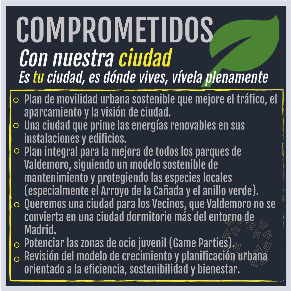 ProyectoTUD's tweet photo. COMPROMETIDOS CON NUESTRA CIUDAD

🌱 Plan de movilidad urbana sostenible
🌱 Energías renovables 
🌱 Plan para la mejora de parques
🌱 Ciudad para los VECINOS
🌱 Potenciar zonas de Ocio Juvenil
🌱 Revisión del modelo de crecimiento.

#Valdemoro
#20añosNO4
#ConstruyendoValdemoro https://t.co/k0tMLxcjZL
