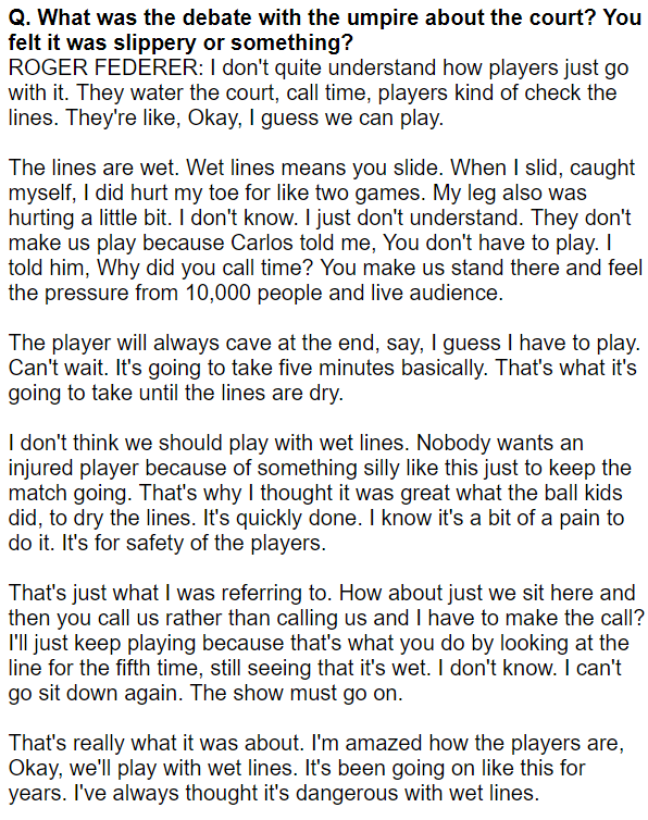 Ben Rothenberg on X: Federer talked about how wet lines caused a leg  injury a bit yesterday (assuming it's the same one which caused his  withdrawal today).  / X