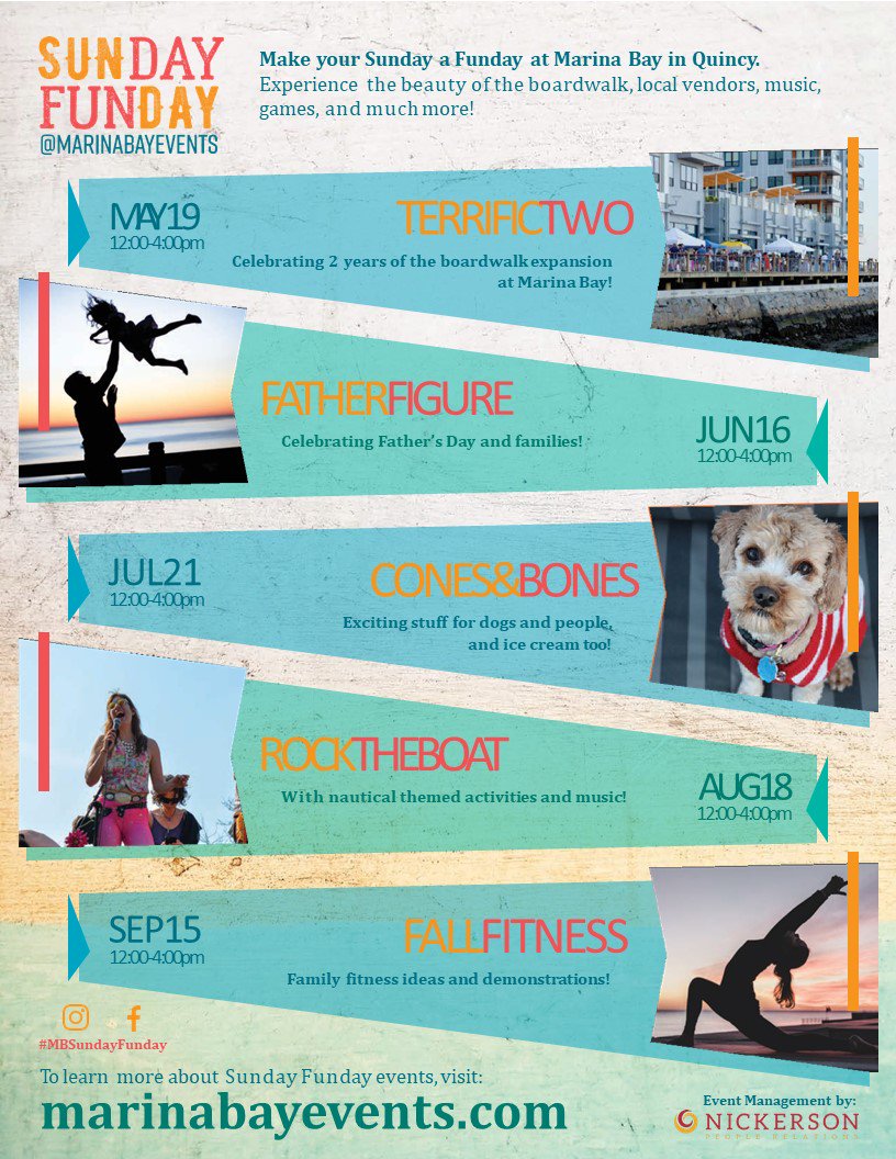 May 19 is the first of five Sunday Fundays at Marina Bay in Quincy. Celebrate two years of the boardwalk, enjoy new views of Bosotn Harbor, and you can even take a ferry. cc: <a href="/MerielMarinaBay/">Meriel Marina Bay</a>, <a href="/DiscoverQuincy/">Discover Quincy</a> nickersonpr.com/events/sunday-…