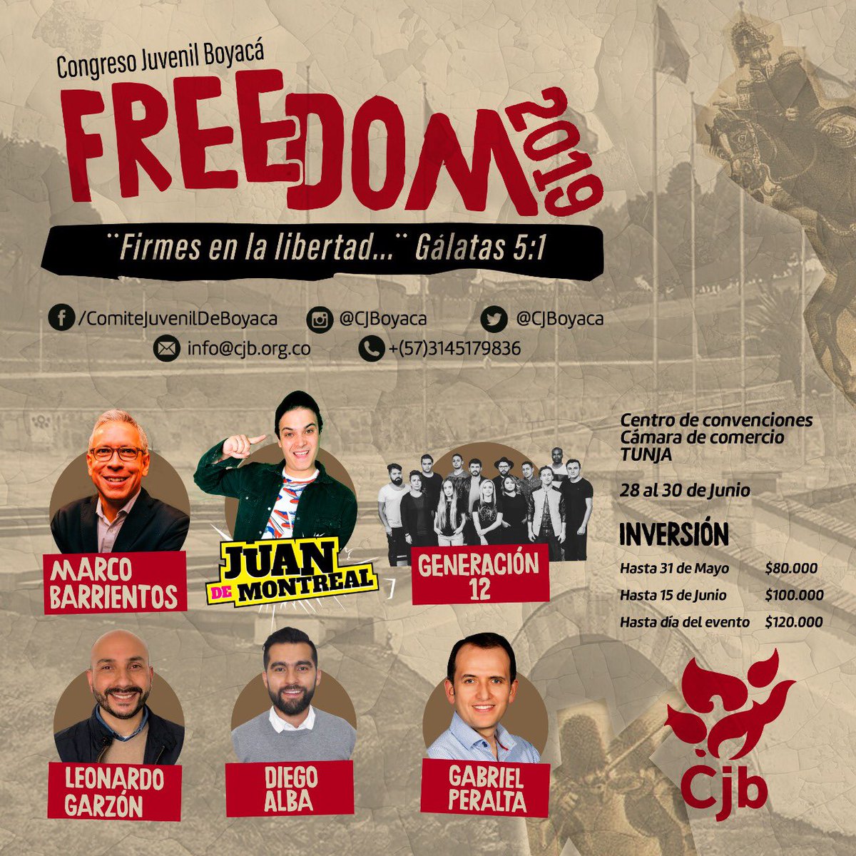 CJBoyaca's tweet photo. Llega nuestra cita anual con la juventud en #Boyacá
Únete del 28 al 30 de Junio a cientos  de jóvenes y celebremos la verdadera Libertad en Jesús!
#Freedom2019
Inscríbete y participa. 
Pasa la voz y ven con tus amigos. https://t.co/iUDe4vLc6g