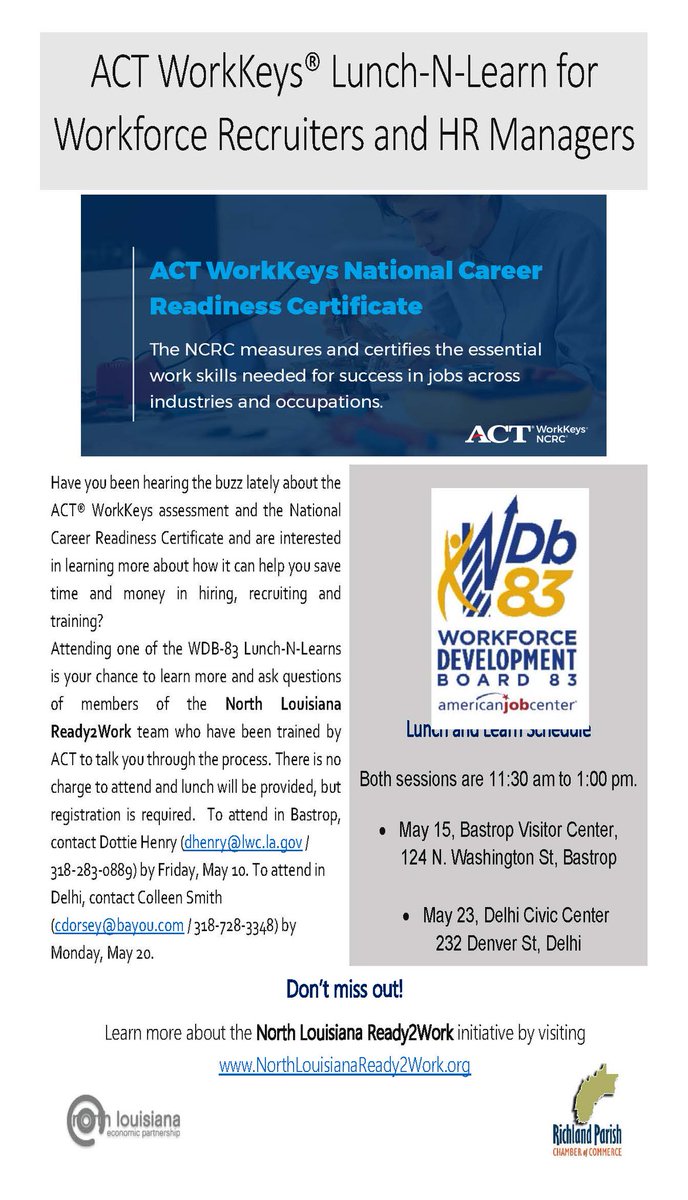 WDB83Inc's tweet image. Thanks to everyone that attended WDB83's Lunch-N-Learn in Bastrop.  If you're interested in how the ACT® WorkKeys assessment can help you save time and money in hiring, recruiting and training, please attend the upcoming Lunch-N-Learn in Delhi on May 23. #WDB83 #ACTWorkKeys