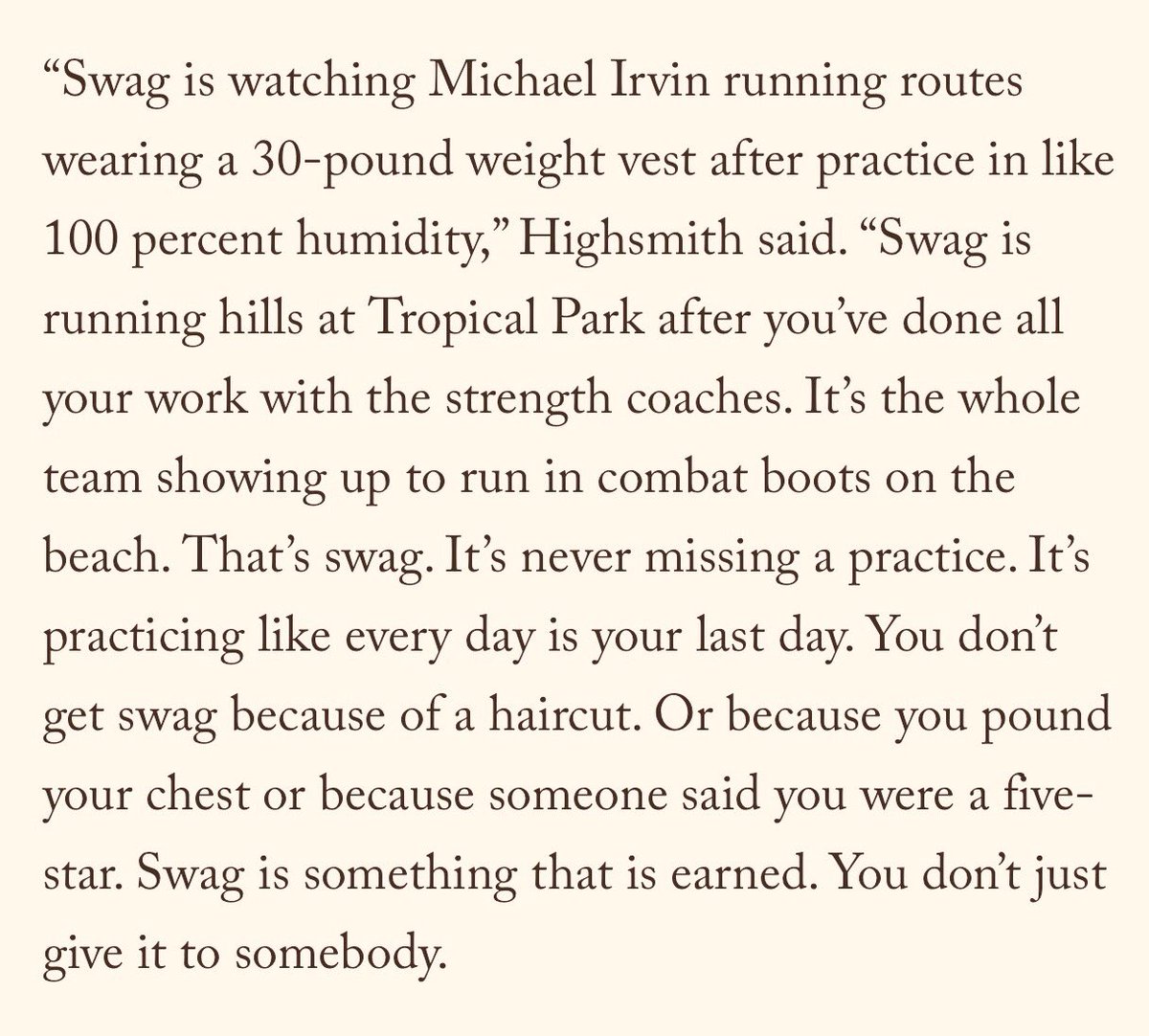 The great <a href="/alonzohighsmith/">A.Highsmith</a> explaining “swag” might be the best football quote I’ve heard in years 👇             theathletic.com/976782/2019/05…