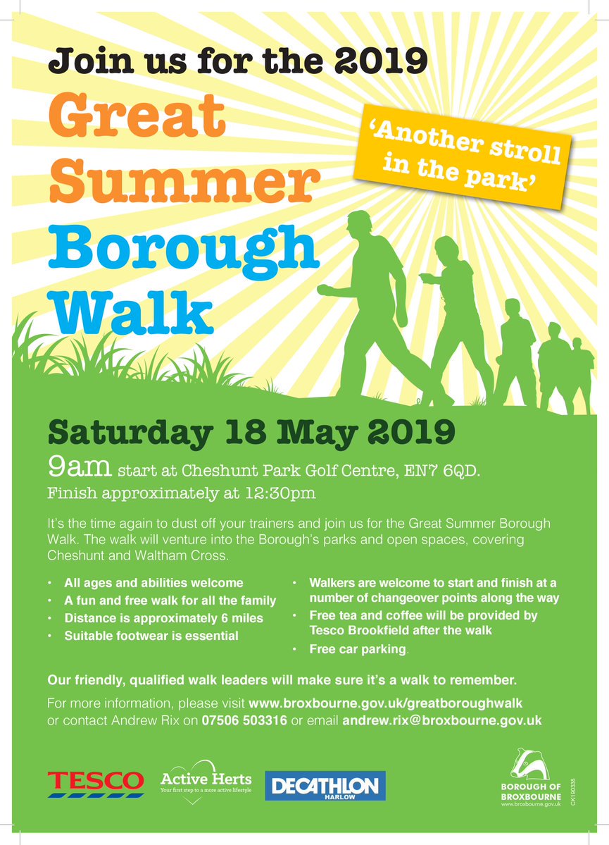 ActiveBrox's tweet photo. Who's making the most of the sunshine tomorrow and taking part in the 'Great Summer Borough Walk'? For more information, please contact Andrew Rix on 075 065 03316 😃🚶‍♀️🚶‍♂️ @ActiveHerts1 @HertsHealthWalk @BroxbourneBC @LeaValleyHealth https://t.co/rYLPRAHlqH