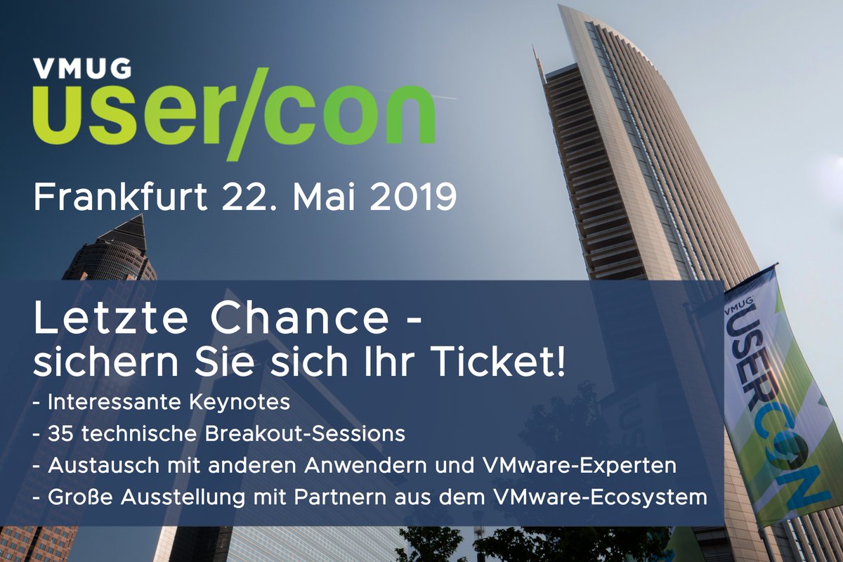 virtMark's tweet image. In wenigen Tagen startet die VMware Usergroup Conference in Frankfurt. Sichere dir dein Ticket und werde Teil der VMware Community! bit.ly/2P0tk8N @raiko @vmw_rguske @Virtual_MKL @sebaffm @GermanyVMUG @bbrundert #VMware #DEVMUG