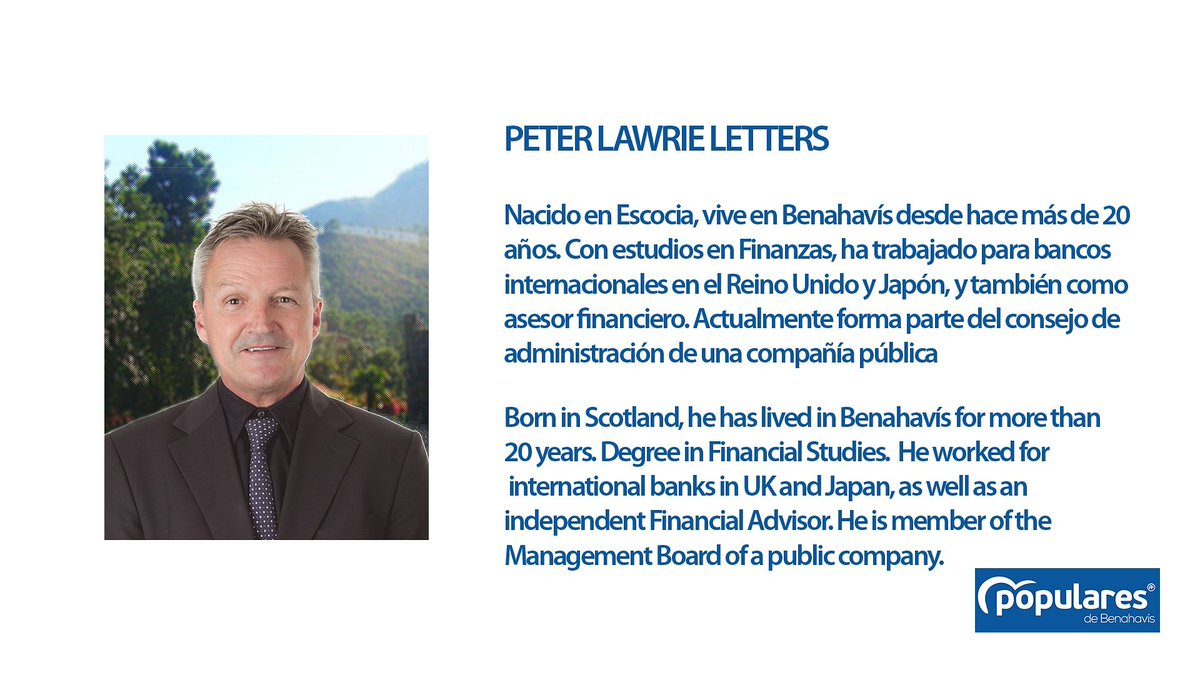 Número 13, Peter Lawrie Letters, escocés residente en Benahavís, ha trabajado en bancos de Reino Unido y Japón.

#votapp
#municipales2019

#ApuestaPorLaExperiencia
#ExperienceCounts

#JoseAntonioMenaAlcalde