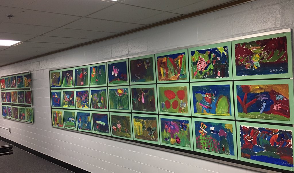 CampbellArtAPS's tweet photo. Kindergarten mixed media insect studies are now on display! Please visit these beautiful works near the MPR. @peaceteachhill @MsKyleK1 @MrsSillKinder1 @CampbellAPS @APSArts https://t.co/yZmthd1Nki