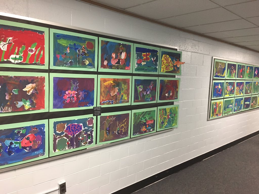 CampbellArtAPS's tweet photo. Kindergarten mixed media insect studies are now on display! Please visit these beautiful works near the MPR. @peaceteachhill @MsKyleK1 @MrsSillKinder1 @CampbellAPS @APSArts https://t.co/yZmthd1Nki