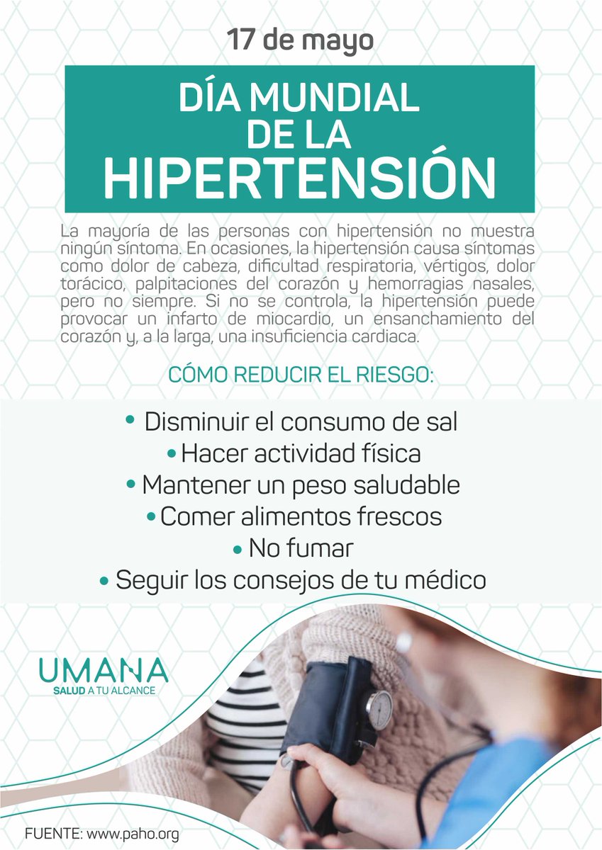 7 de mayo. Día mundial de la HIPERTENSIÓN.

Cuidate y controlate!

#SomosUmana #Hipertensión #DíadelaHipertensión #Salud