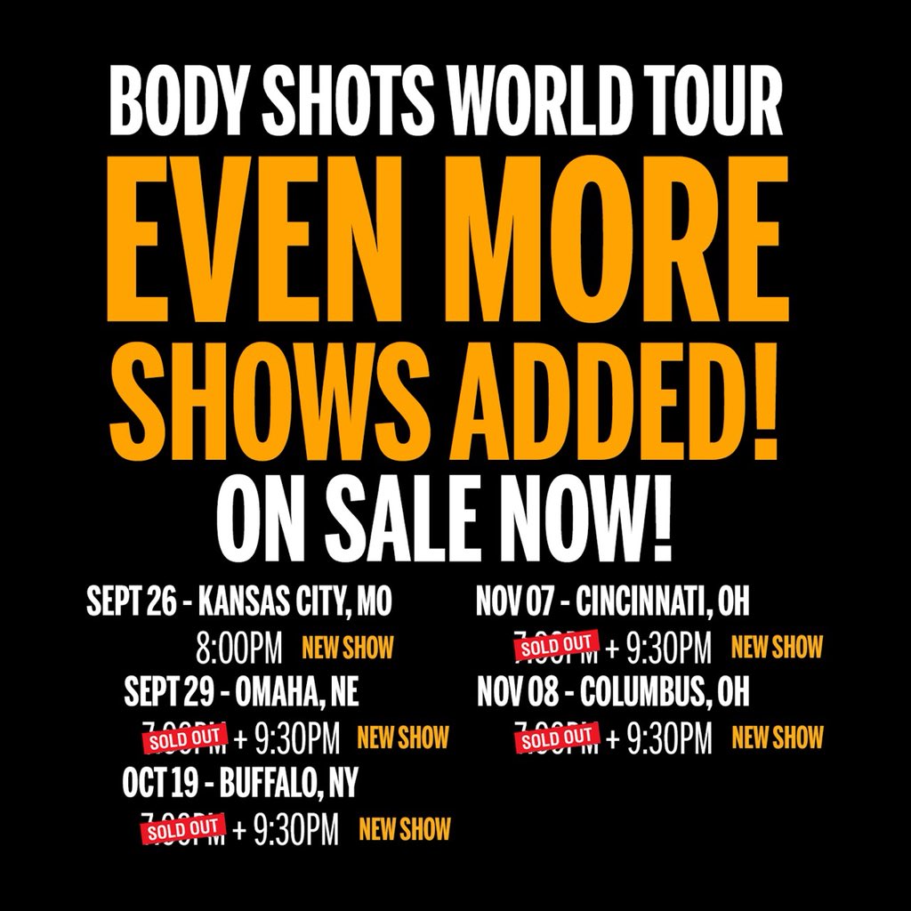 bertkreischer's tweet photo. The #TourBusChamp is headed back out on the road all around the US this FALL! TICKETS for my ADDED SHOWS are ON SALE NOW! Get your tickets and I’ll see you there! https://t.co/hCyHB3ZdbC #BodyShotsWorldTour https://t.co/D7B1fTZJdh