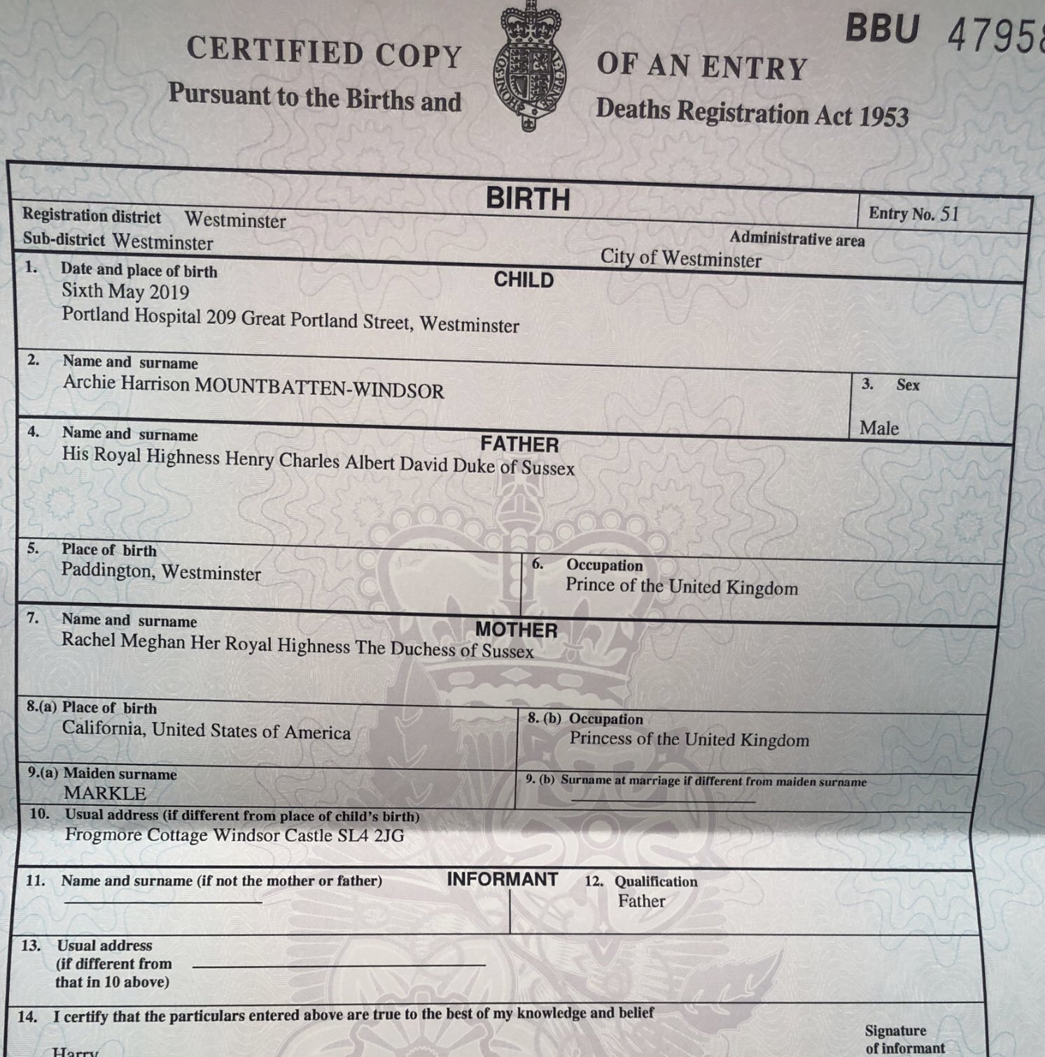 Archie s birth certificate released meg s a princess of the united