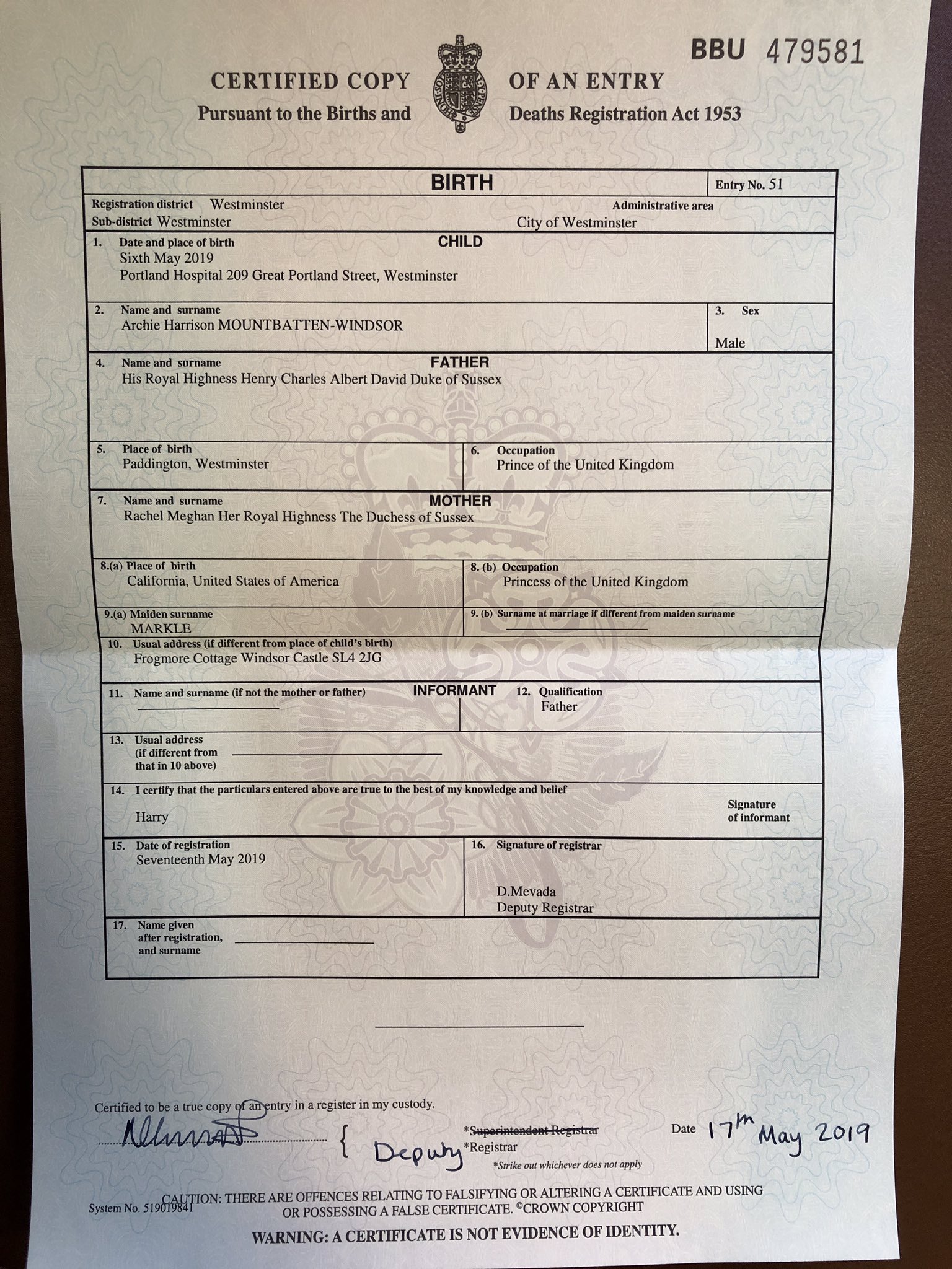 Lizzie Robinson On Twitter Archie s Birth Certificate Confirms He Was lizzie-robinson-on-twitter-archie-s-birth-certificate-confirms-he-was