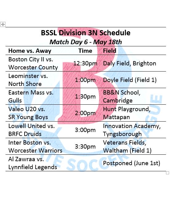 D3N:

<a href="/BostonCityFC/">Boston City FC</a> II vs. <a href="/WorcCountyFC/">Worcester County Football Club</a> 

<a href="/Leominster_FC/">Leominster Fútbol Club</a> vs. <a href="/northshore_fc/">NorthshoreFC</a> 

<a href="/EasternMass_FC/">Eastern Mass FC</a> vs. Gulls

<a href="/ValeoFutbolClub/">Valeo Futbol Club</a> U20 vs. <a href="/SR_YoungBoys/">SR Young Boys</a> 

<a href="/LowellUnited/">Lowell United S.C.</a> vs. <a href="/BRFC_Druids/">BRFC Druids</a> 

<a href="/InterBostonFC/">InterBostonFC</a> vs. @FCworcester 

<a href="/AlZawraaFc/">Al Zawraa Fc</a> vs. <a href="/LynnfieldLegen2/">Lynnfield Legends</a>