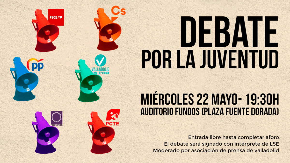 ¿Aún tienes en duda tu voto para las próximas elecciones municipales?

Ven al 🗣️ DEBATE POR LA JUVENTUD a lanzar tus preguntas a los jóvenes representantes de los partidos en #Valladolid. 

🕖 MIÉRCOLES 22 MAYO - 19:30
📍 AUDITORIO FUNDOS (Plaza Fuente Dorada)

#CreandoConsejo
