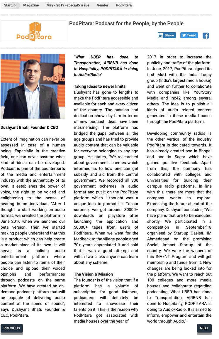 PodPitara's tweet photo. Exciting News!!! 
@PodPitara has got place in "10 BEST STARTUPS IN INTERNET PUBLISHING &amp; BROADCASTING -2019" category in "#STARTUP CITY #MAGAZINE" by @SiliconindiaMag Link https://t.co/kW72mVM7AF  Of interview of our founder @dushyraj7  #Podcast #Story #Interview https://t.co/ARBzYNHMGD