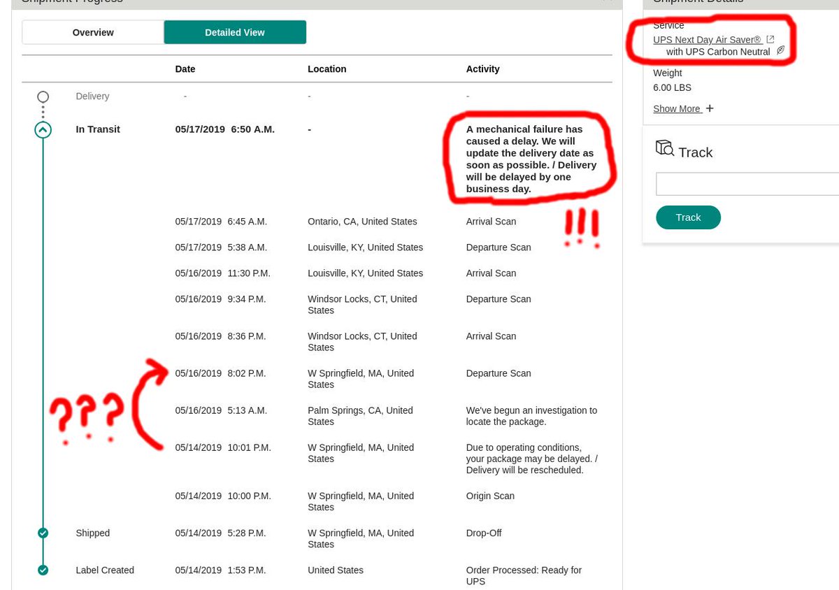 rayshobby's tweet photo. This is what #ups overnight shipping gives me: package disappeared for 2 days with no obvious reason, then a mechanical failure? How many times can you mess it up? I basically paid $118 for ground service, and a ton of frustration and stress... https://t.co/OgAVcbp2Yr
