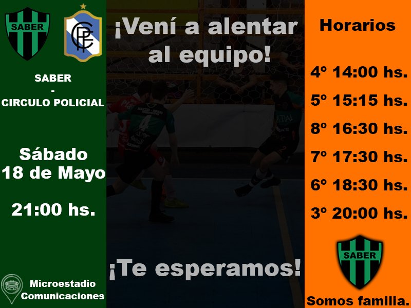 JORNADA DE SÁBADO
Este fin de semana nos medimos ante Círculo Policial por el torneo de #FutsalAFA buscando recuperarnos de la caída del fin de semana pasado.
Te esperamos a las 21:00 hs. en el club Comunicaciones para darle tu apoyo al equipo!
#SABER #SomosAFA #SomosFamilia