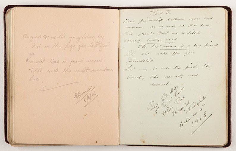 WW1_Diary's tweet photo. Poems written in hospital by #WW1 soldiers'. They outline the importance of friendship &amp; memorial. Pages from an autograph book containing signatures of soldiers who were patients at Heath Hall, #Wakefield at the end of WWI. Signatures collected by Marion Walker. #FriendsMW https://t.co/z1bKGQNKYP