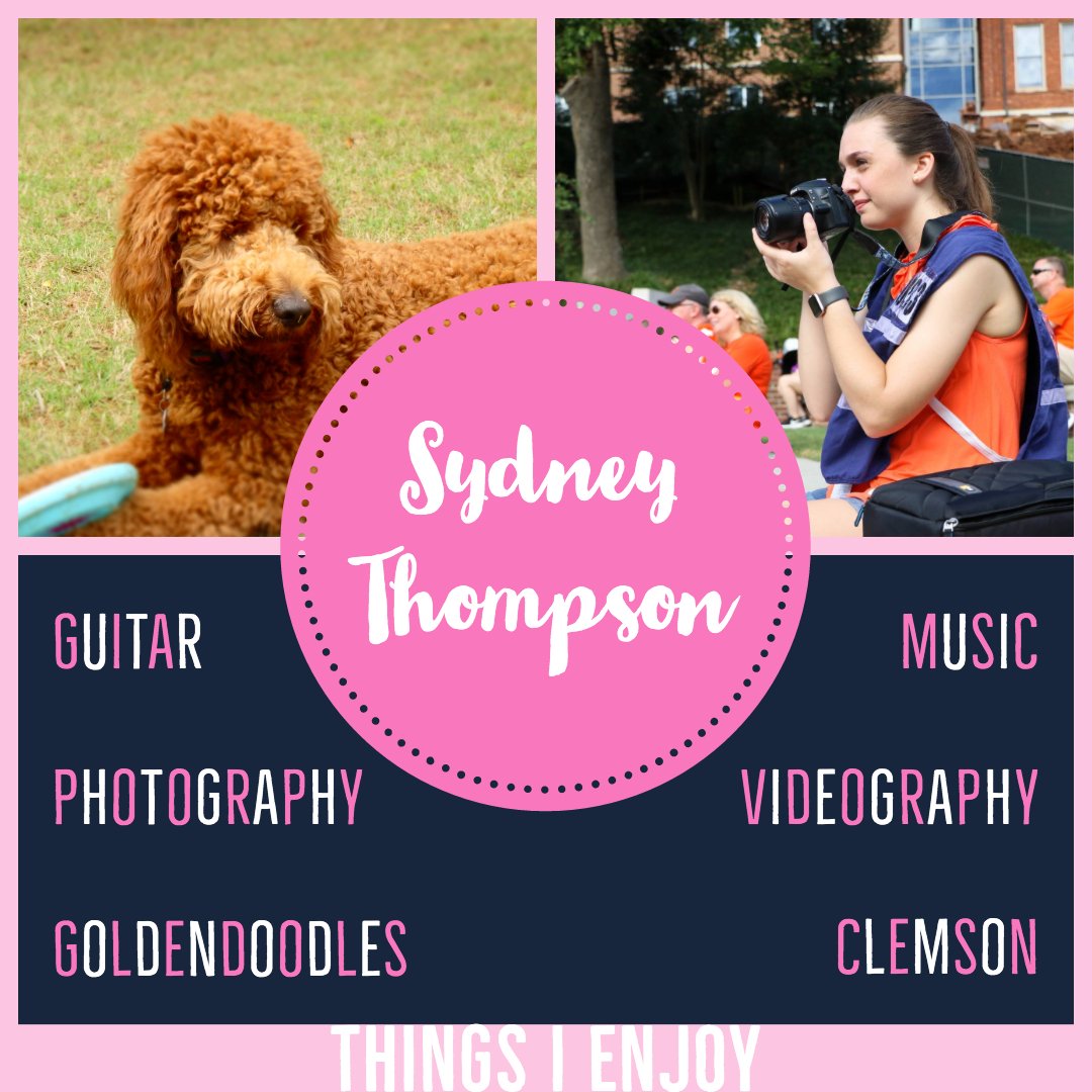 SydneyMae321's tweet photo. Hi #GC3400 ! My name is Sydney Thompson and I am a sophomore Graphics Communications major at Clemson. I am looking forward to expanding my knowledge of photography and learning about how  influencers impact this industry through the social media branding assignment. @ClemsonGC https://t.co/BfAeoSUdr9
