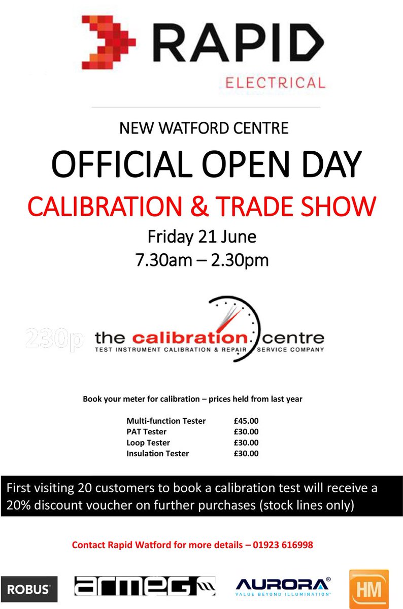 Rapid Electrical (@rapided) on Twitter photo Calling #Watford and local area electricians. We're holding an open day on 21 June for the electrical trade. Get your test equipment calibrated, meet suppliers, network, have a brew 👍☕ Calling #Watford and local area electricians. We're holding an open day on 21 June for the electrical trade. Get your test equipment calibrated, meet suppliers, network, have a brew 👍☕