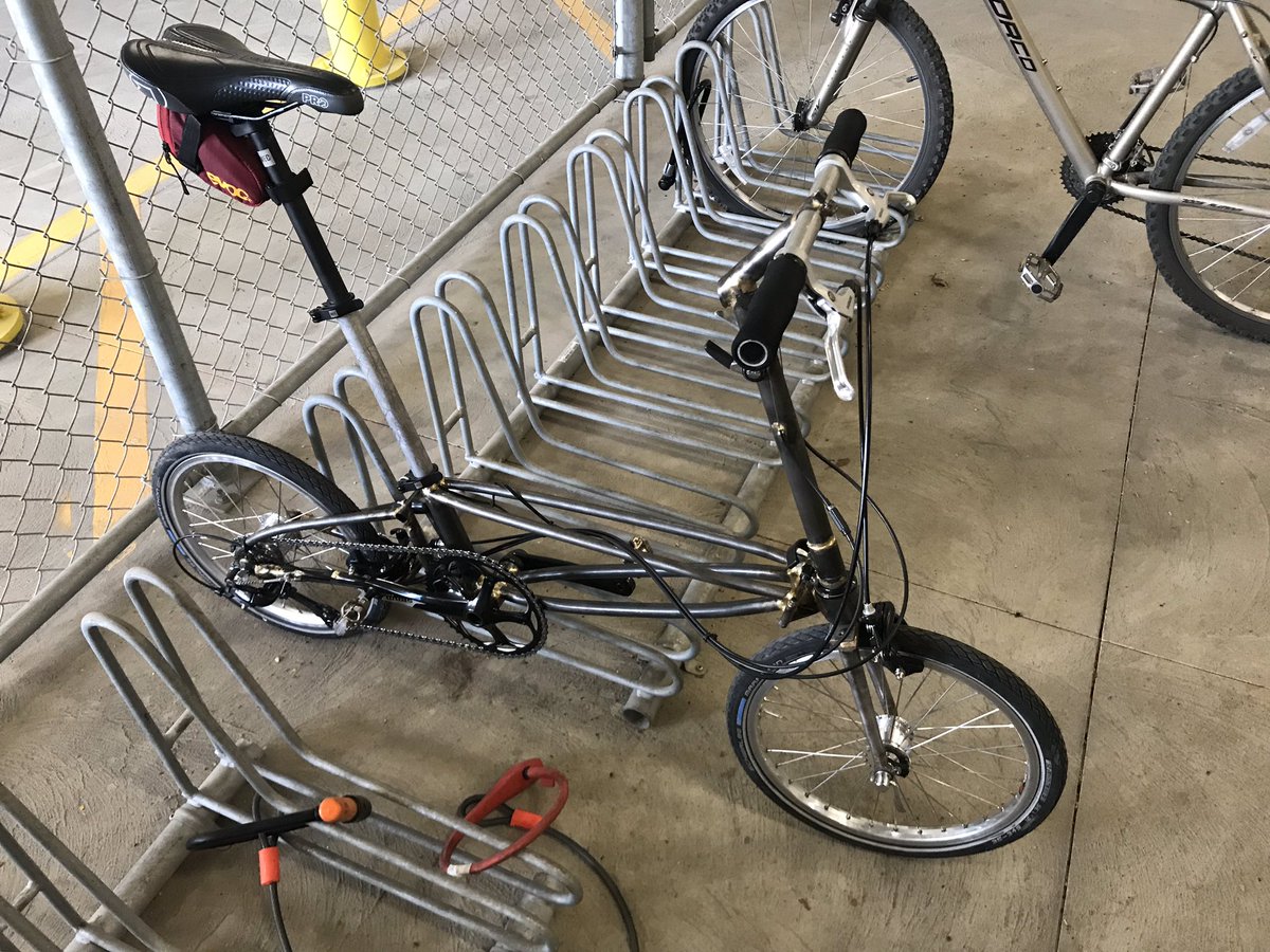 Madsazolam's tweet image. First test ride of the folding bike!! Almost made it to @coffee_outside as planned, but ran out of time. Hinge stiffness is definitely an issue that needs to be fixed, but very close. #framebuilding #yegbike